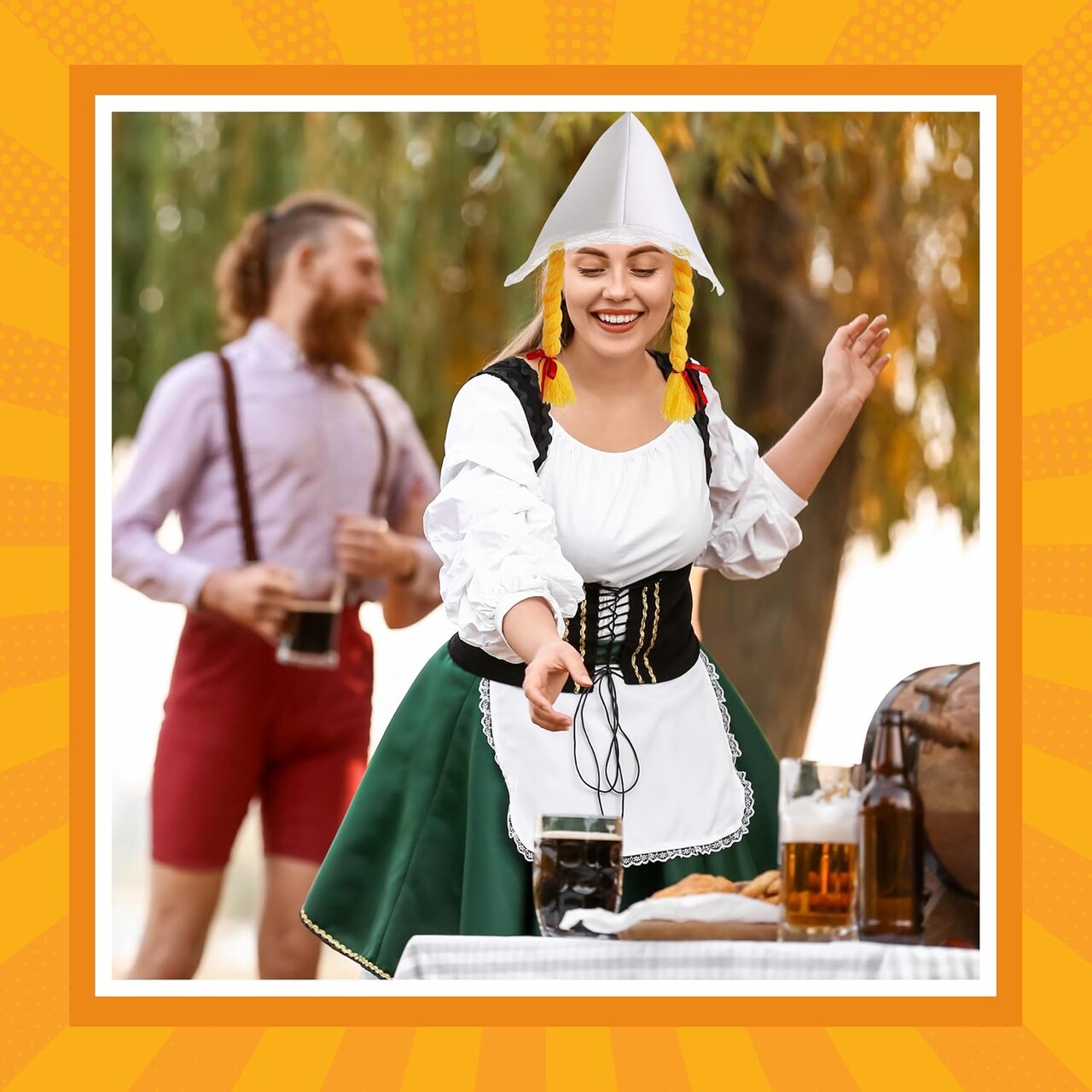 4E's Novelty Oktoberfest Hat with Braids for Women – White Bonnet with Blonde Braids and Red Ribbons – Oktoberfest Costume Accessory, German Festival Outfit and Dress Up Party Supplies